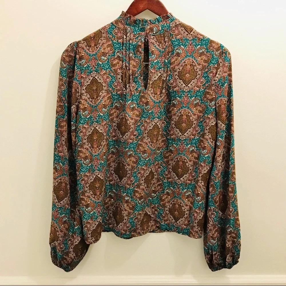 NWT Joie Paisley Long Sleeve Blouse Small XS brown teal green pink Top - Picture 2 of 12